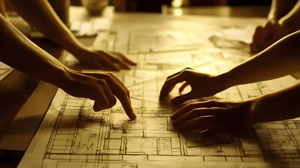 architectural design team collaborating on blueprint, examining building plans for new construction project with hands architectural design team collaborating on blueprint, examining building plans for new construction project with hands